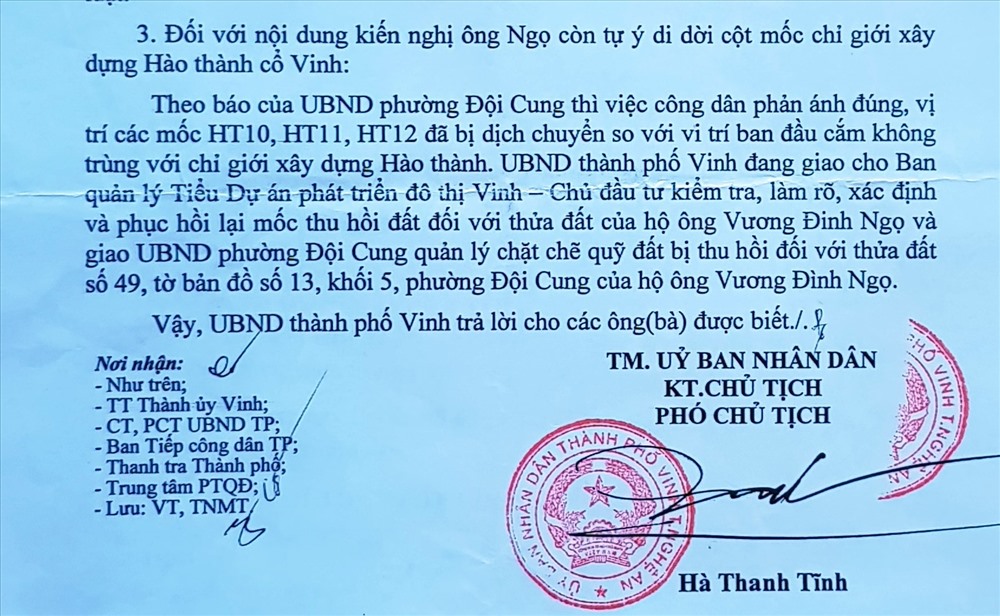 Văn bản của UBND TP Vinh khẳng định phản ánh việc ông Ngọ tự ý di dời cột mốc là đúng. Ảnh: PV