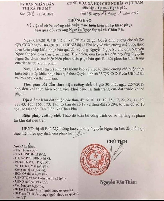 Theo đó, sẽ tổ chức việc cưỡng chế buộc thực hiện biện pháp khắc phục hậu quả theo quyết định số 35 của thị xã Phú Mỹ.