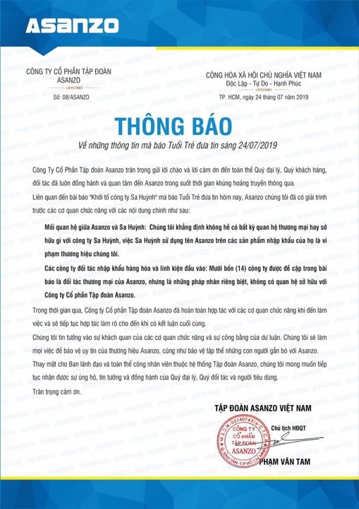 Chủ tịch Asanzo Phan Văn Tam phản hồi về công ty Sa Huỳnh.