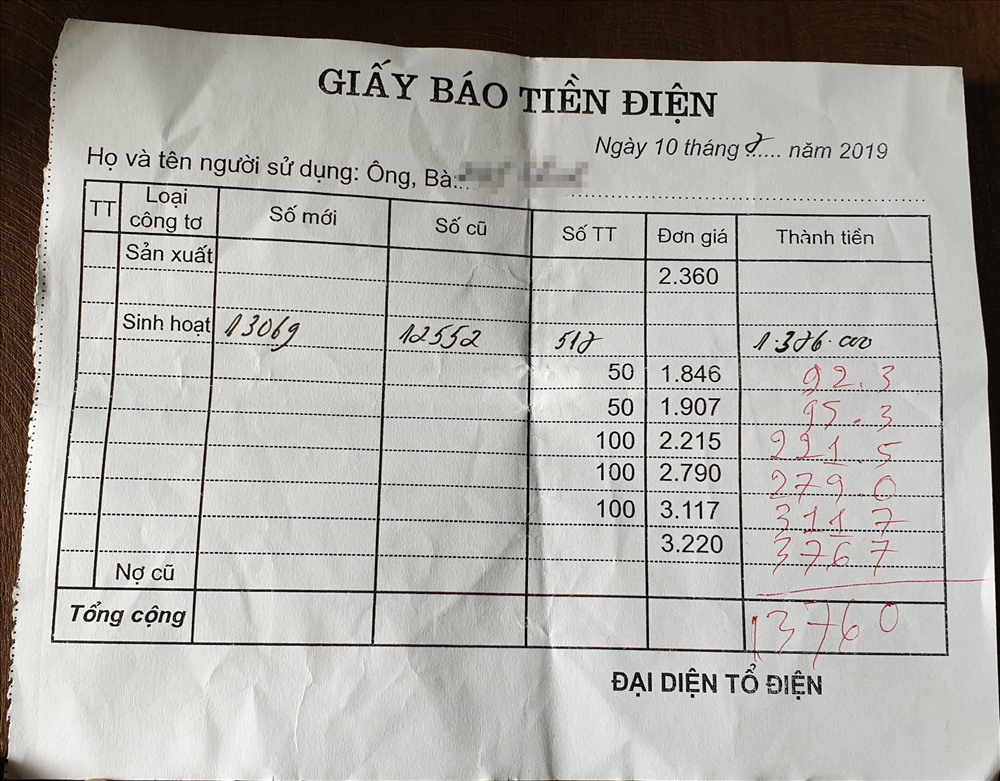 Giấy báo tiền điện mà người dân nhận được hàng tháng.