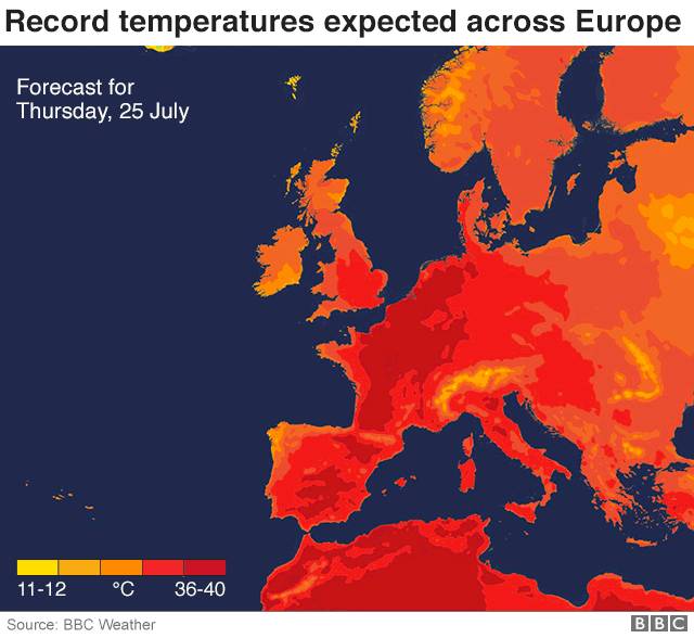 Bản đồ dự báo nhiệt độ Châu Âu ngày 25.7. Ảnh: BBC.