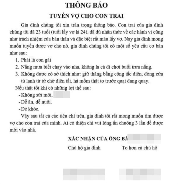 Tờ thông báo tuyển vợ khiến dân mạng tò mò. Ảnh: FB