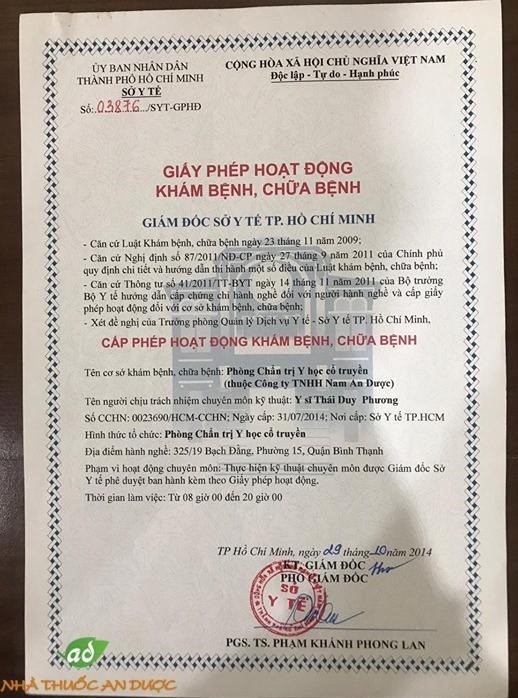 Giấy phép hoạt động khám chữa bệnh của nhà thuốc An Dược