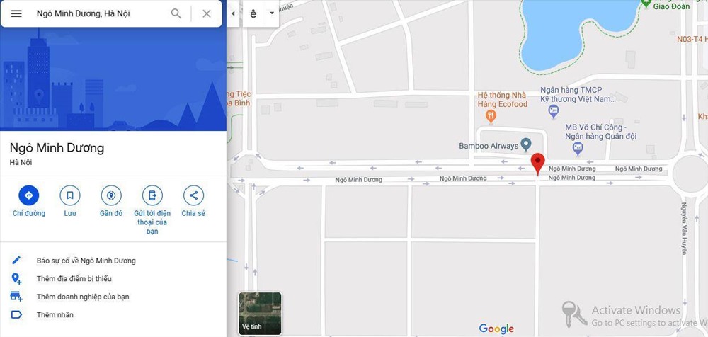 Ảnh chụp màn hình bản đồ Google và các giao dịch trên mạng sử dụng tên Ngô Minh Dương cho con đường này