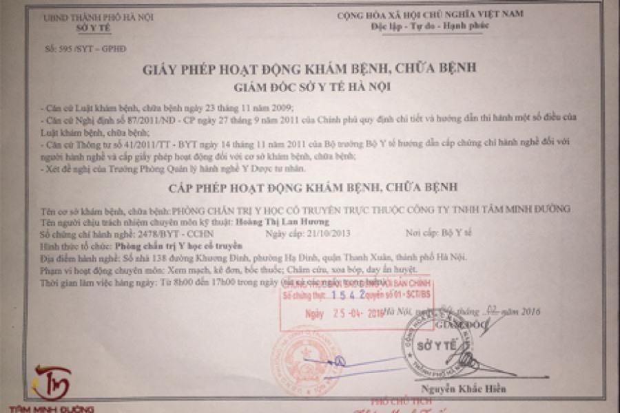 Giấy phép hoạt động khám chữa bệnh của nhà thuốc YHCT Tâm Minh Đường
