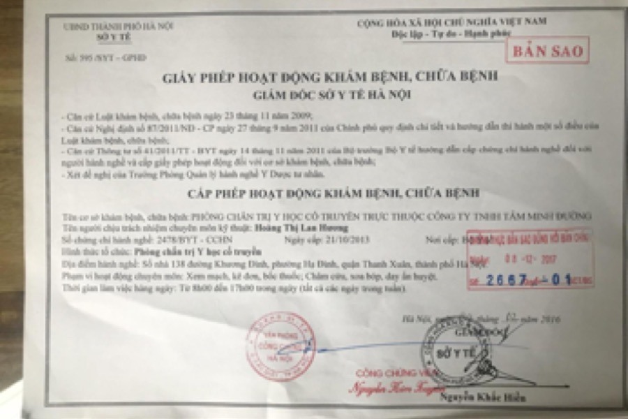Giấy phép hoạt động khám, chữa bệnh của nhà thuốc Tâm Minh Đường