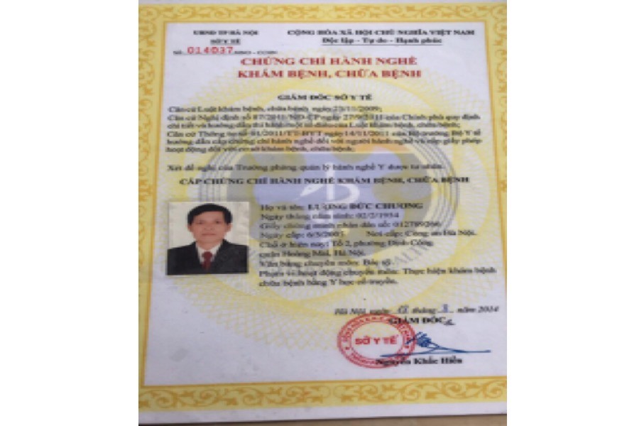 Chứng chỉ hành nghề khám, chữa bệnh của bác sĩ Lương Đức Chương