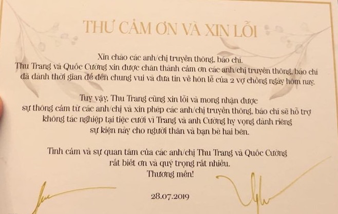 Cường Đô La - Đàm Thu Trang gửi lời xin lỗi và cảm ơn mong mọi người không tác nghiệp tại đám cưới. Ảnh: Bá Ngọc.
