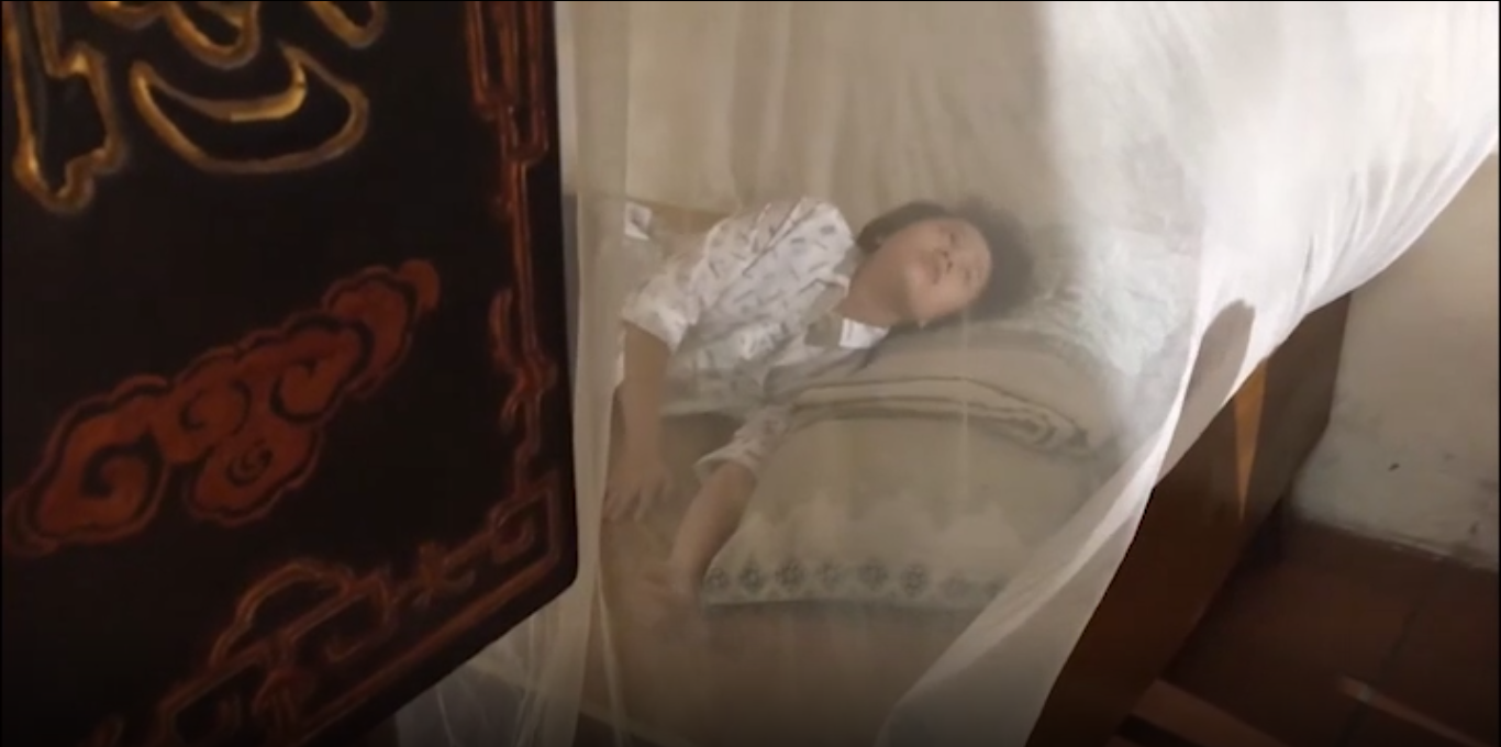 Ánh Dương ngủ nhà cô bán hoa. Ảnh cắt từ clip
