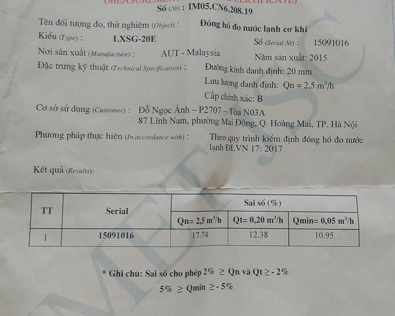 Kết quả kiểm định đồng hồ do người dân mang đi kiểm định.
