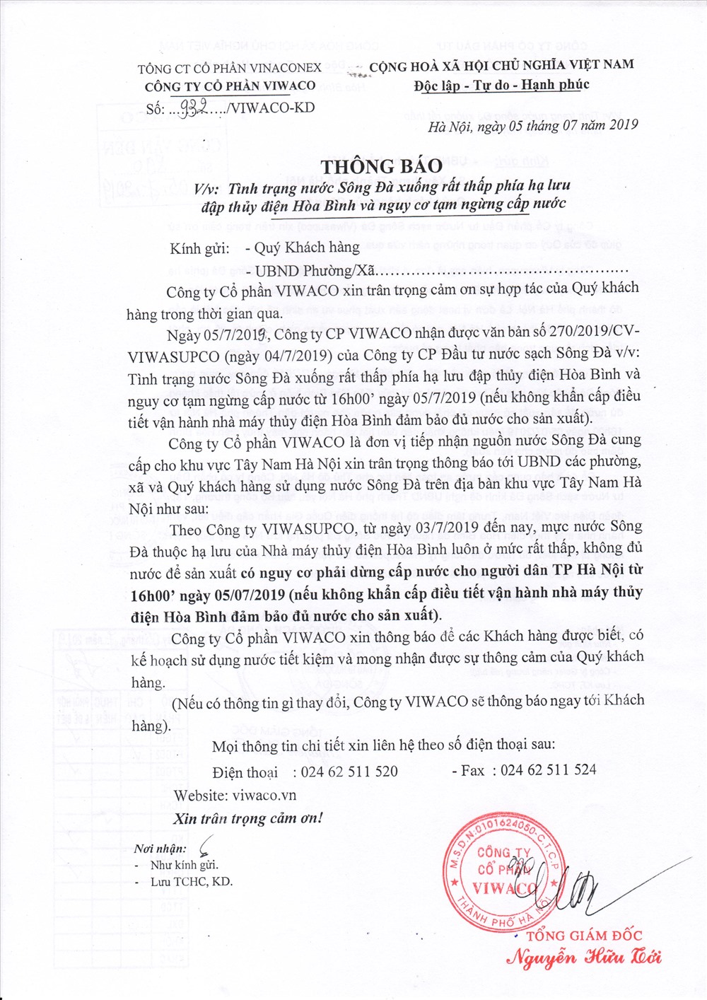 Thông báo về việc nước sông Đà xuống thấp