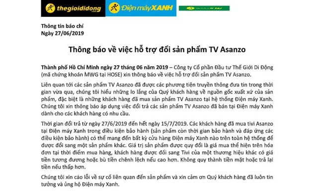 Thông cáo tiến hành thu đổi sản phẩm tivi Asanzo ngày 27.6 của Điện Máy Xanh.