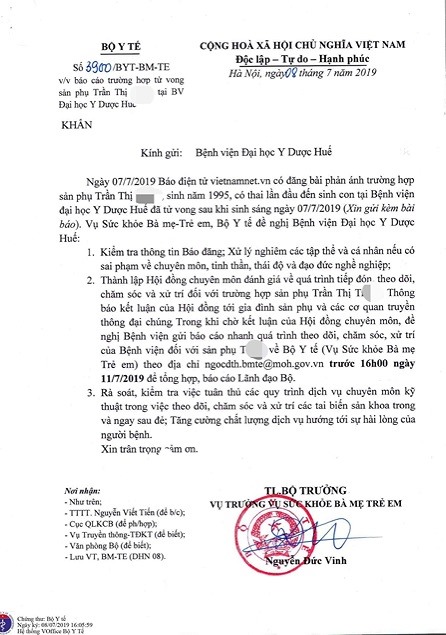 Công văn khẩn Bộ Y tế gửi bệnh viện Đại học Y dược Huế. Ảnh: NV.