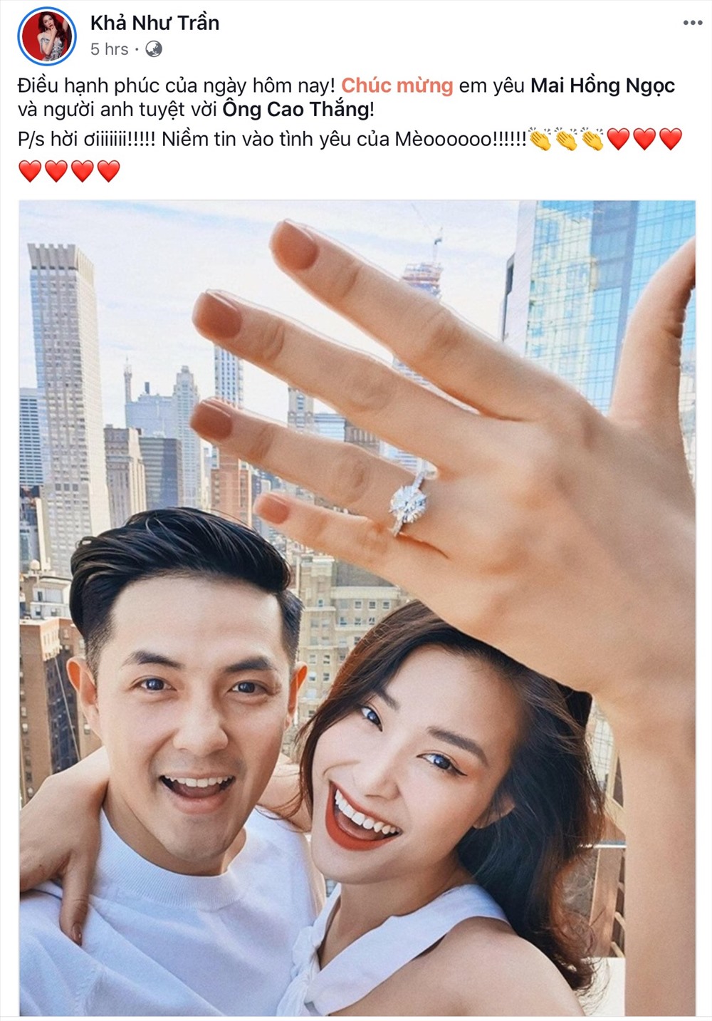 Khả Như cũng không quên gửi lời “có cánh” chúc mừng cho cặp đôi Đông Nhi và Ông Cao Thắng.