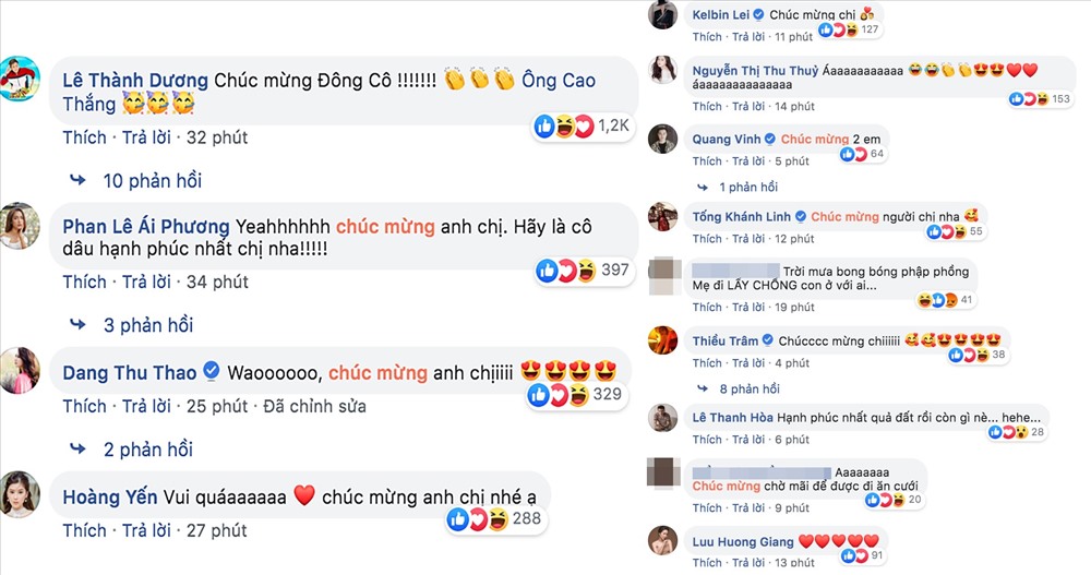 Rất nhiều sao Việt đã bình luận chúc mừng cho Ông Cao Thắng và Đông Nhi.