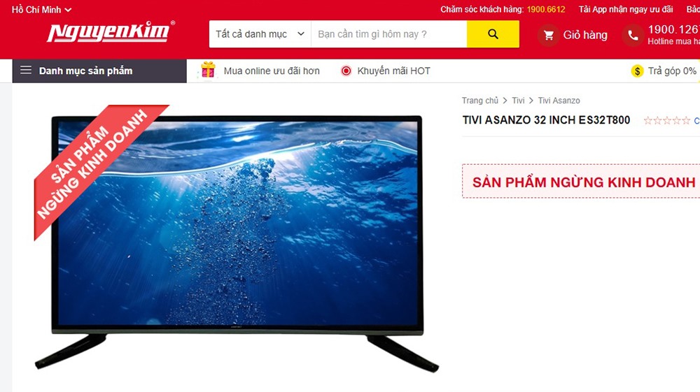 Trước khi tiến hành thu đổi sản phẩm, Nguyễn Kim đã ngừng kinh doanh sản phẩm tivi Asanzo trên website.