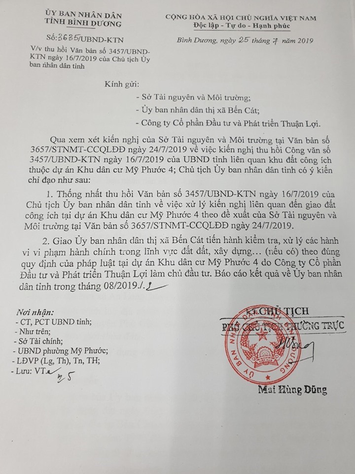 Ngày 25.7, UBND tỉnh Bình Dương lại ra văn bản thu hồi văn bản giao đất công ích cho doanh nghiệp làm dự án khu dân cư.