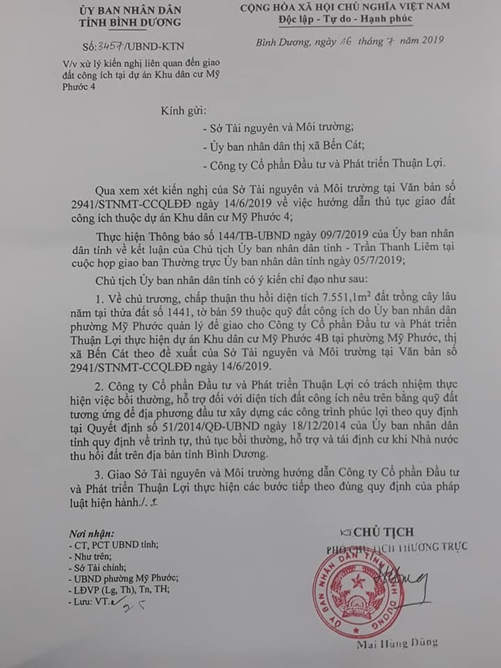 Ngày 16.7 UBND tỉnh Bình Dương ra văn bản chủ trương giao 7.555 m2 đất công ích cho doanh nghiệp thực hiện dự án khu dân cư.
