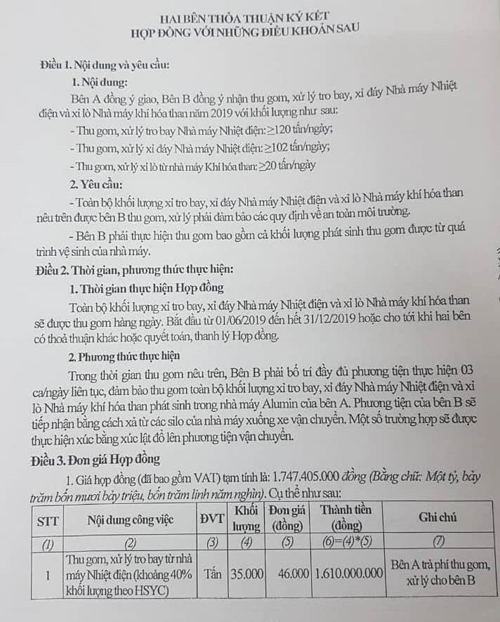 Một nội dung đã ký trong hợp đồng giữa công ty Đức Thành và Nhà máy Alumin Nhân Cơ. Ảnh: HL