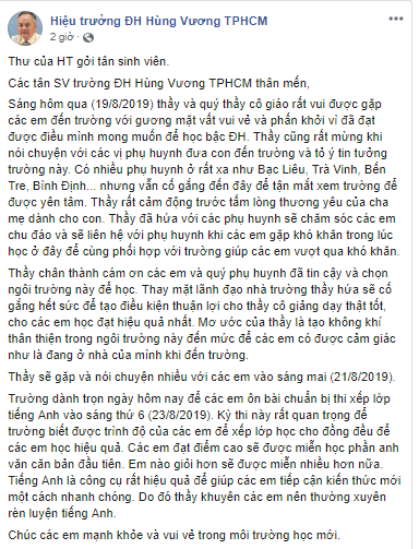 Thư của Hiệu trưởng Đại học Hùng Vương gửi các em tân sinh viên