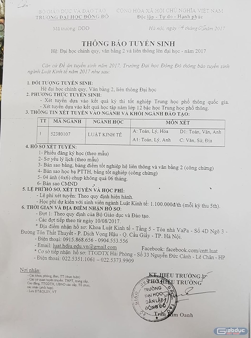 Thông báo tuyển sinh của Trường Đại học Đông đô