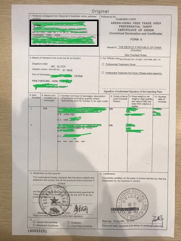 C/O form E mới do Trung Quốc phát hành từ ngày 20.8.