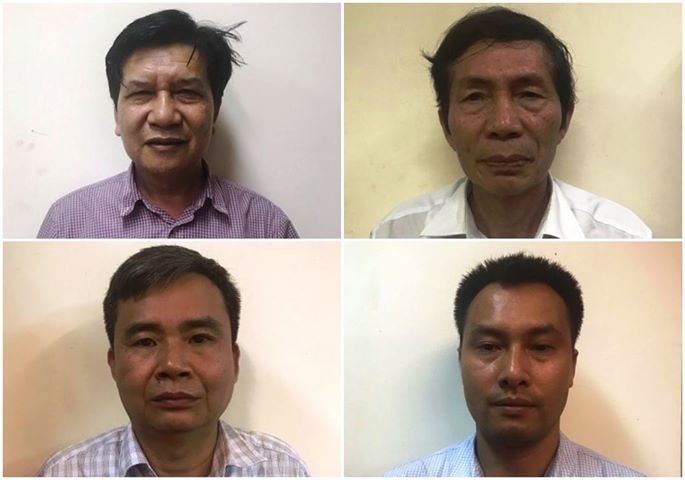 Các bị can (từ trái qua phải) Trần Ngọc Hà, Lâm Chí Quang, Vũ Từ Công, Nguyễn Mạnh Chung. Ảnh: BCA
