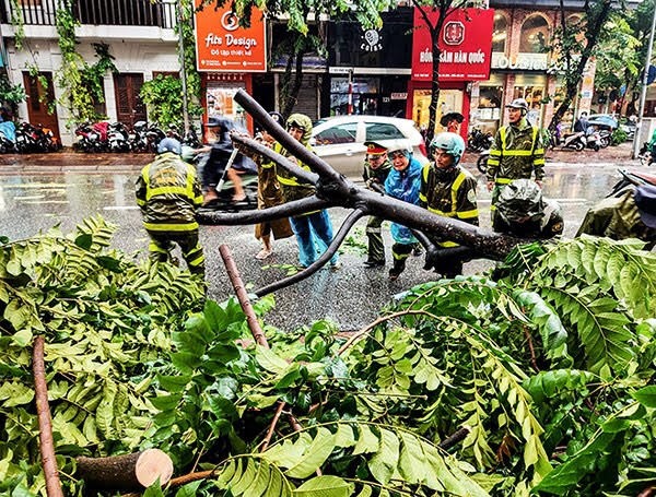 Lực lượng Công an Thủ đô phối hợp cùng các lực lượng di chuyển cây đổ trên đường.