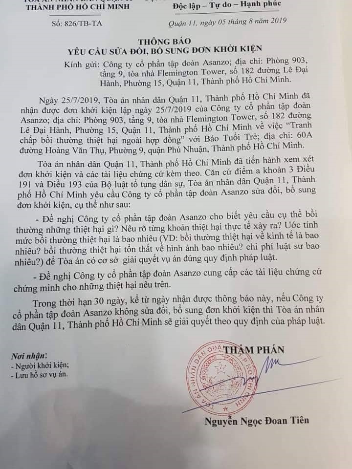 Văn bản yêu cầu của Tòa án Nhân dân Quận 11 yêu cầu Asanzo sửa đổi, bổ sung đơn khởi kiện.