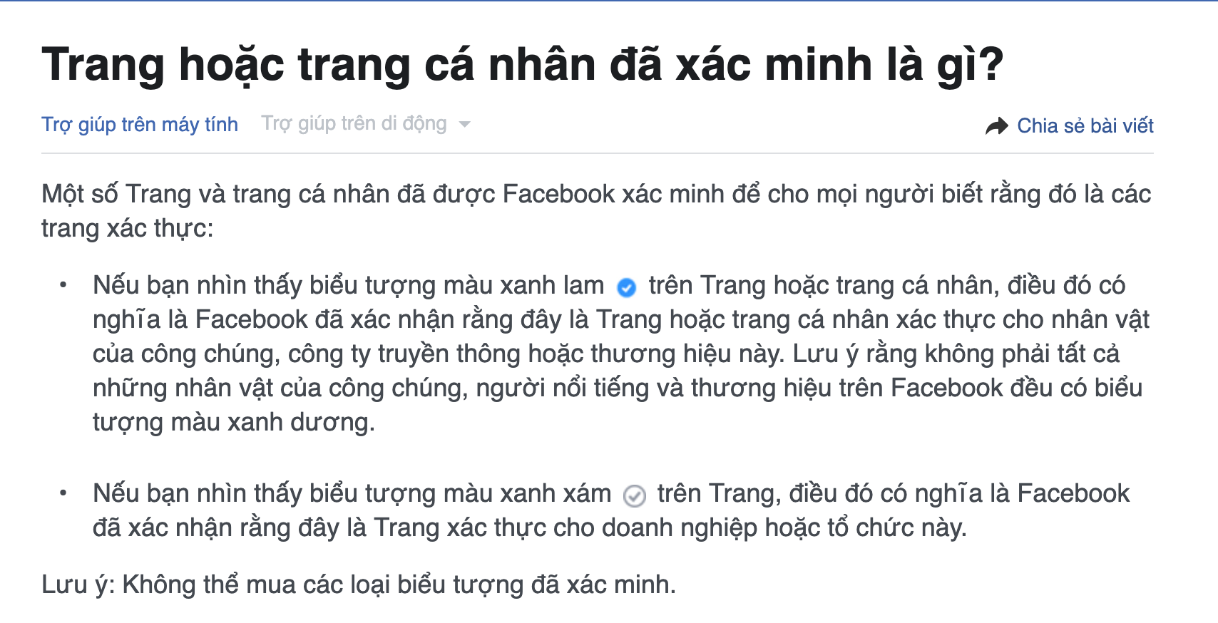 Facebook khẳng định không thể mua các loại biểu tượng đã xác minh.