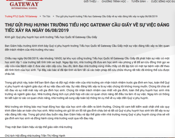 Bản thông báo bổ sung thêm lời xin lỗi gia đình học sinh gặp nạn.