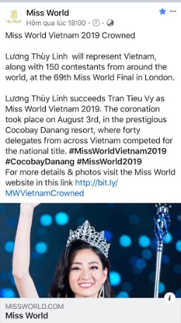 Trang Fanpage, trang chủ chính thức của Miss World đăng tải nội dung về Hoa hậu Lương Thuỳ Linh. Ảnh: Chụp màn hình.