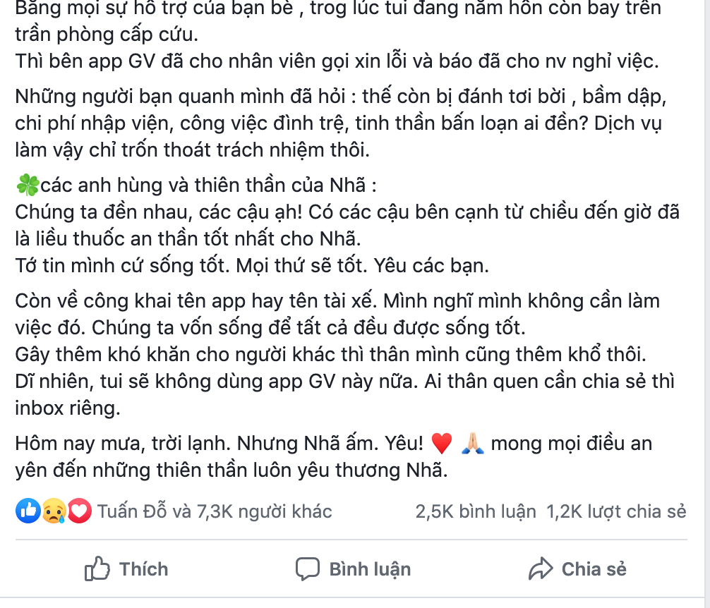 Dòng trạng thái sau khi bị tài xế Go-Viet tấn công của diễn viên Kim Nhã