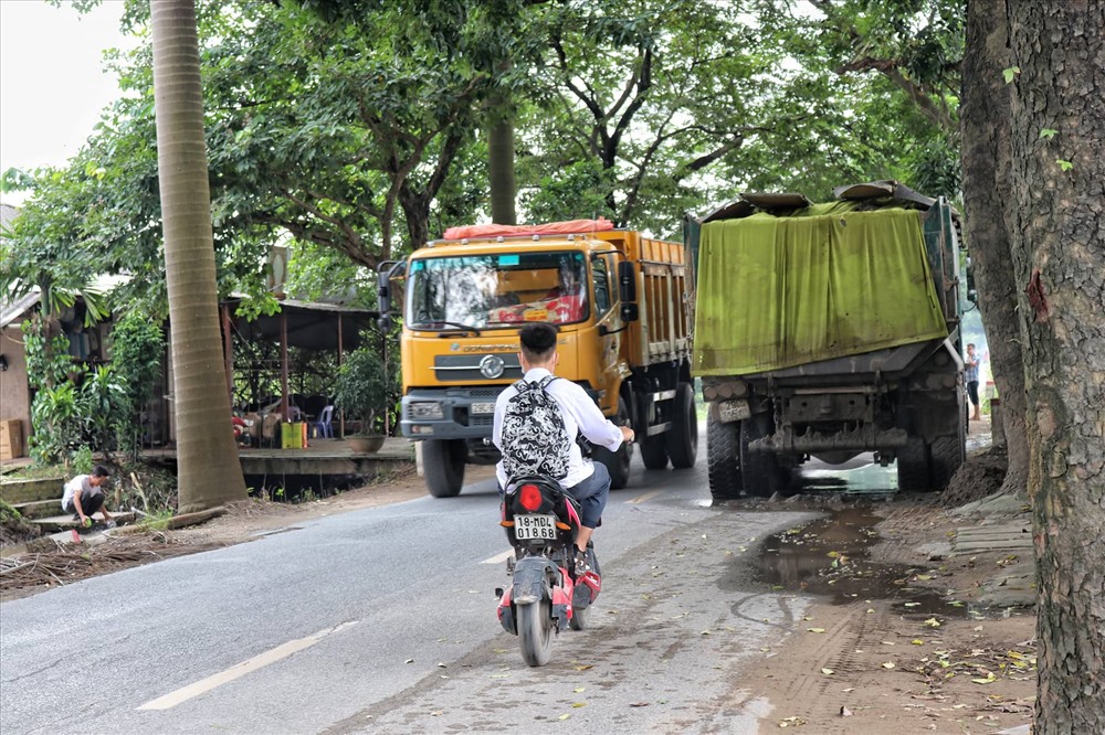 Xe tải được tập kết dưới chân đê Liên Mạc. Ảnh: Thái Hà.
