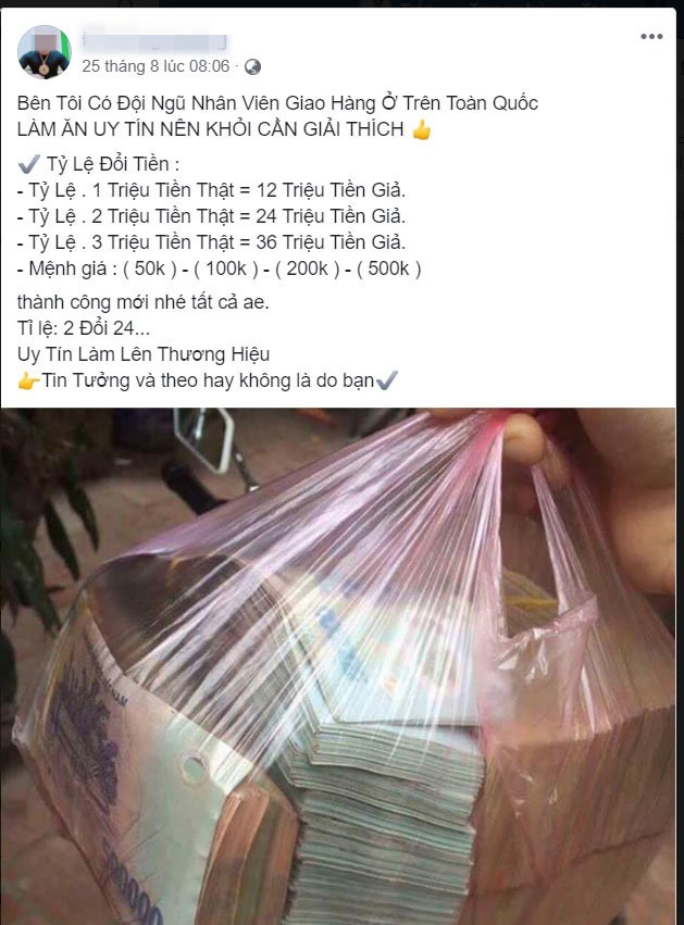Nhiều facebook quảng cáo đổi tiền thật lấy tiền giả. Ảnh MXH