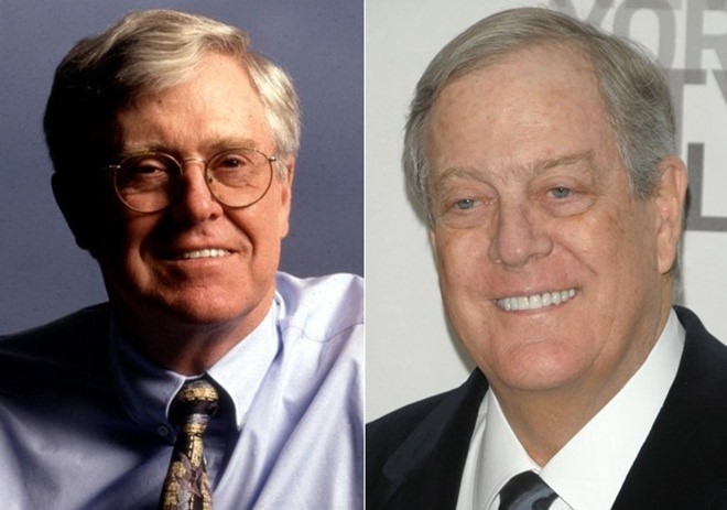 Charles và David Koch có được tài sản đáng kinh ngạc như vậy một phần cũng do cha của họ có một doanh nghiệp dầu mỏ để lại. Nhưng ngày nay họ được công chúng biết đến nhiều hơn về hoạt động chính trị của họ: ứng cử viên tài chính, tài trợ cho các giáo sư đại học... Hai anh em mỗi người nắm hơn 53 tỉ USD, ứng với vị trí thứ 7 trong số những người giàu nhất hành tinh.