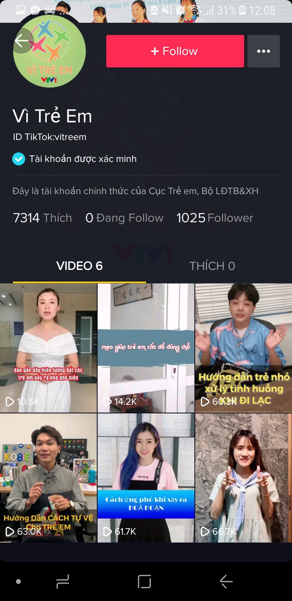 Giao diện ID ''Vì Trẻ em” trên TikTok.