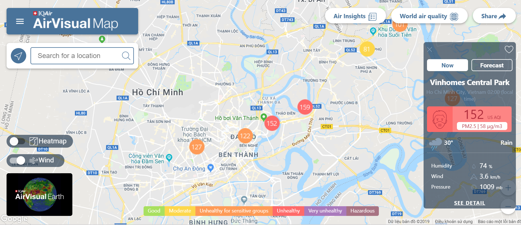 Theo số liệu từ AirVisual, nhiều ngày gần đây, một vài địa điểm tại TP. HCM, chỉ số chất lượng không khí liên tục đạt ngưỡng trên 150 (nhóm màu đỏ, thang 4/6 theo cách tính của Mỹ).
