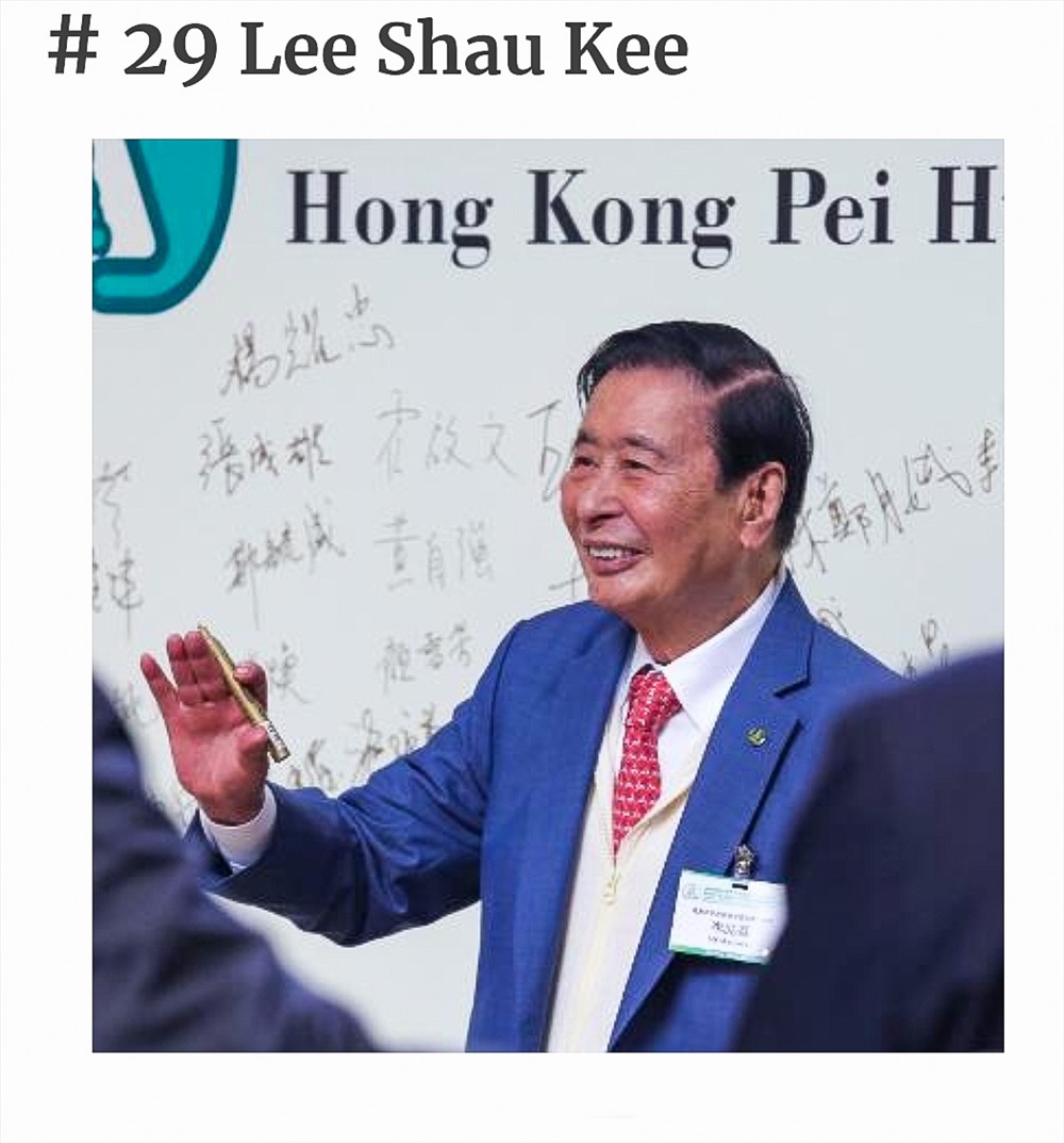 Theo công bố hồi tháng 3 của Forbes, tỉ phú này chỉ đứng thứ 2 trong top tỉ phú bất động sản giàu nhất. Nhưng người đứng đầu - ông Hui Ka Yan có sự sụt giảm tài sản nhanh chóng nên vị trí này đã thuộc về ông Lee. Ảnh chụp màn hình
