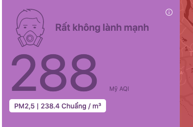 Sáng nay 30.9, chỉ số không khí đạt mốc màu tím. Ảnh: airvisual.com