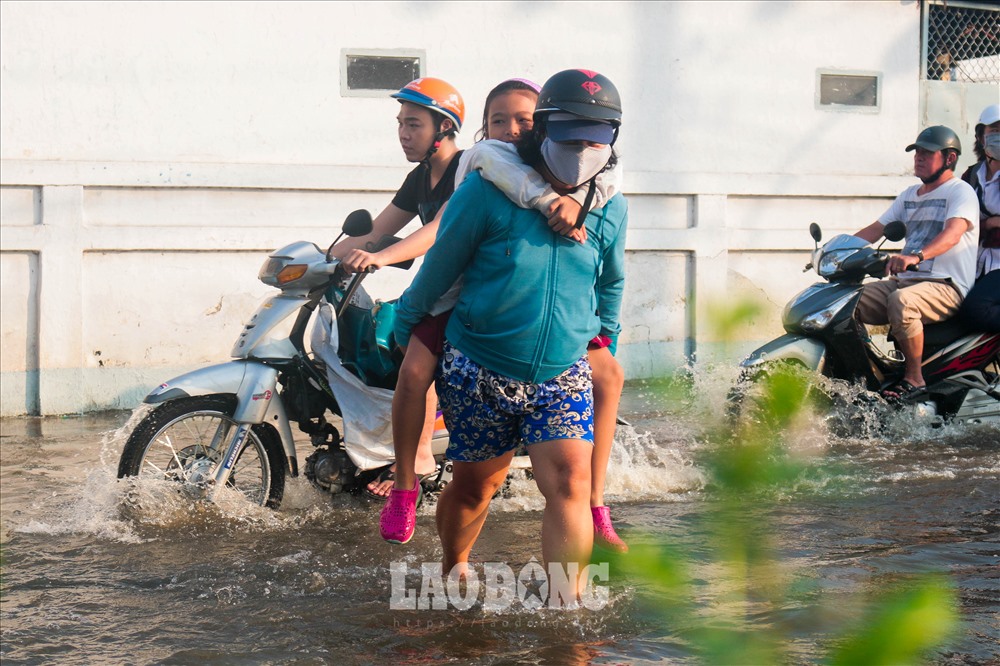 Nhiều em nhỏ được phụ huynh cõng đến trường, đa số tỏ ra thích thú trước cảnh “nước lớn“.