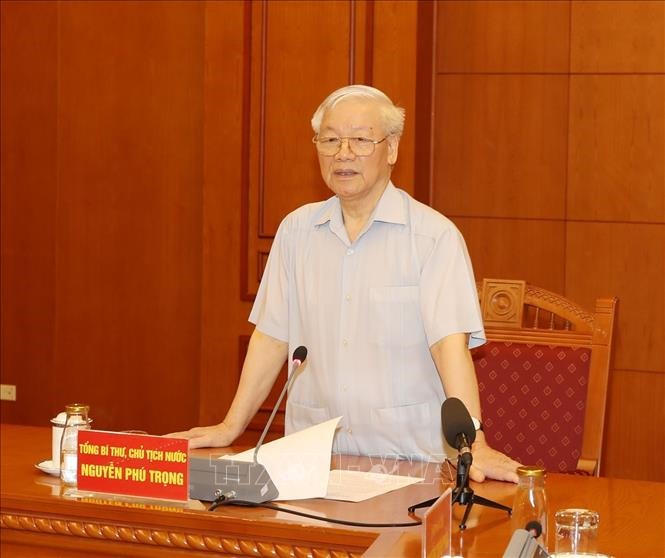 Tổng Bí thư, Chủ tịch Nước Nguyễn Phú Trọng, Trưởng Tiểu ban Văn kiện Đại hội XIII của Đảng phát biểu chỉ đạo cuộc họp. Ảnh: Trí Dũng/TTXVN