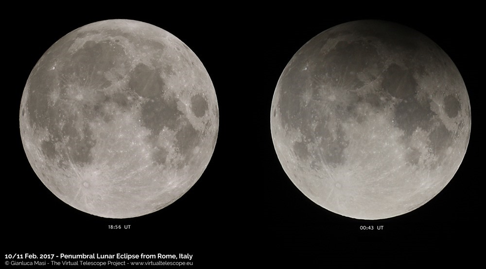 Nguyệt thực nửa tối năm 2017. Hình bên trái là Mặt Trăng tròn bình thường, hình bên phải là trăng lúc nguyệt thực nửa tối. Ảnh: virtualtelescope.