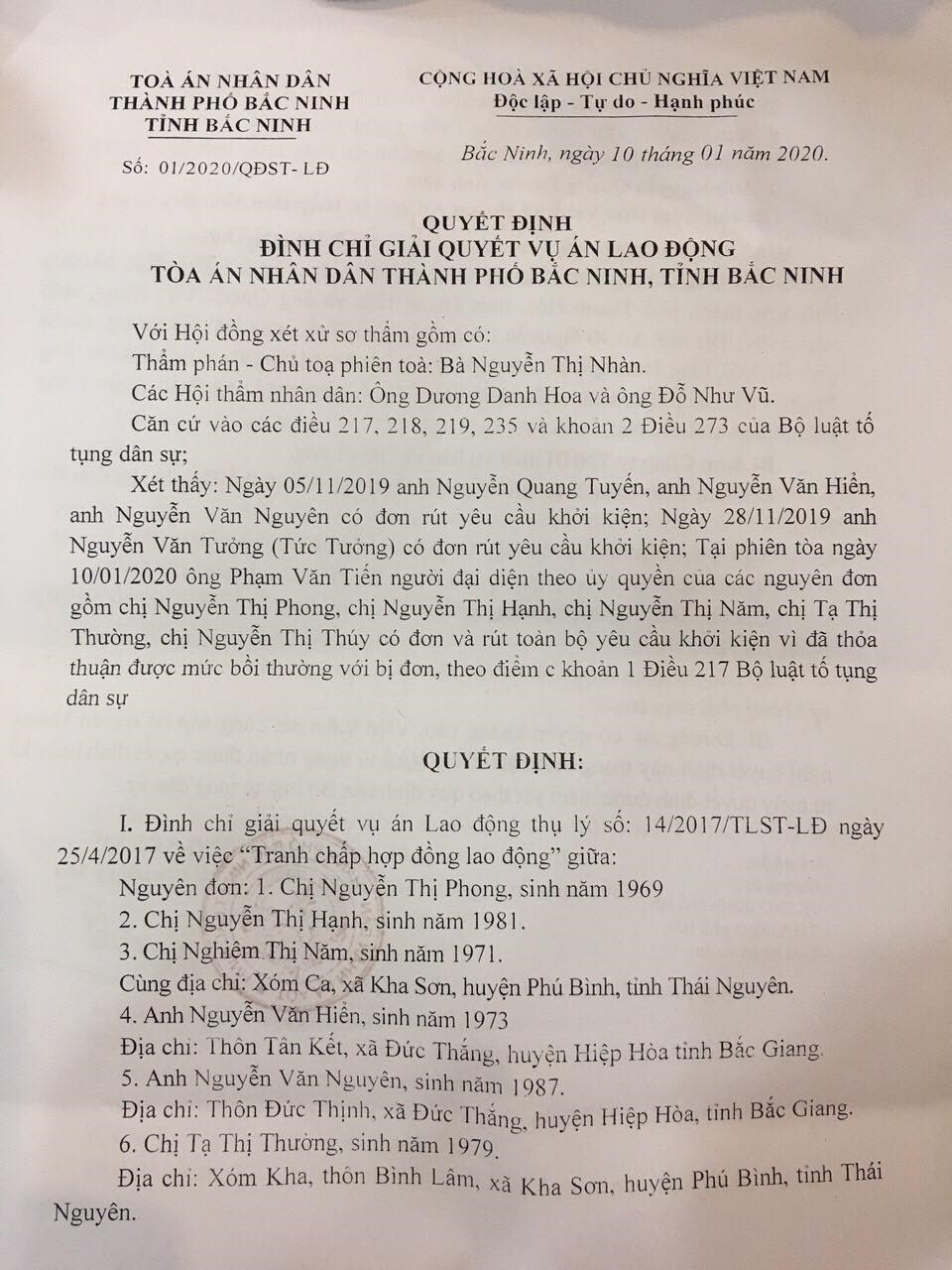 Quyết định đình chỉ vụ án của TAND Thành phố Bắc Ninh.