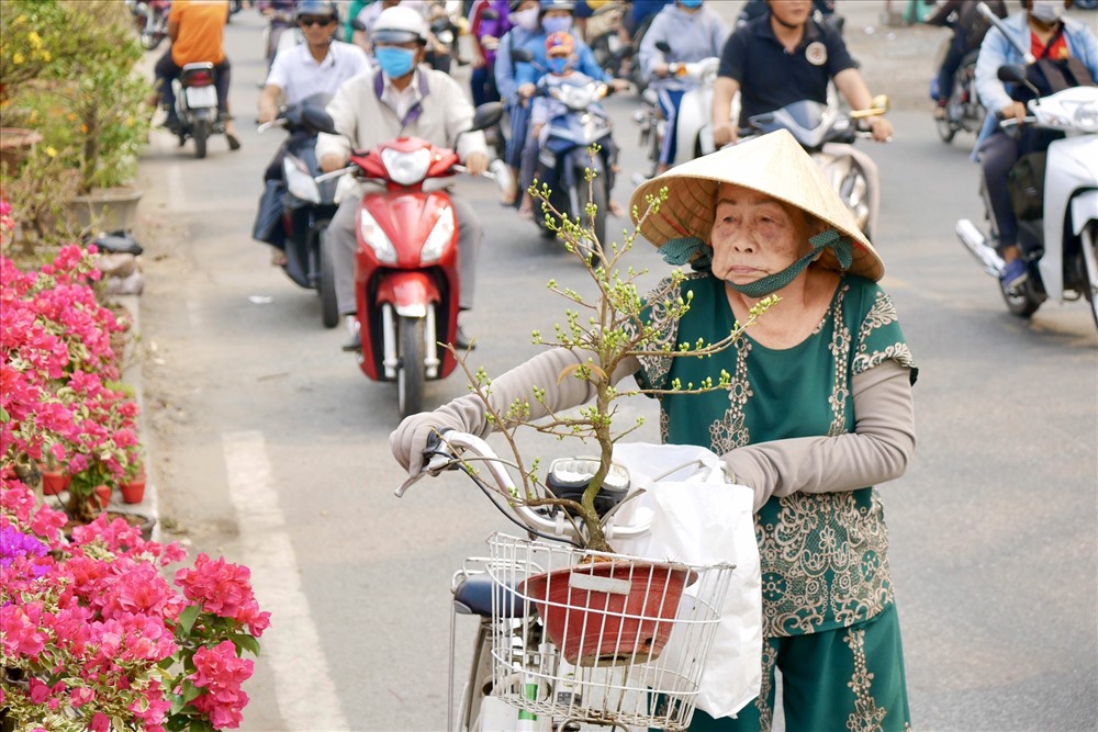 Bà Ba (87 tuổi) sống quận 8, TPHCM cho biết vừa mua được cây mai với giá 250 nghìn và cảm thấy rất vui khi được nhiều người khen cây đẹp.