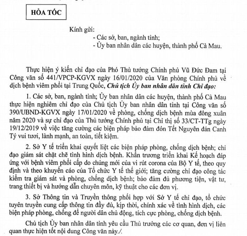 Công văn hỏa tốc của Chủ tịch UBND tỉnh Cà Mau (ảnh Nhật Hồ)