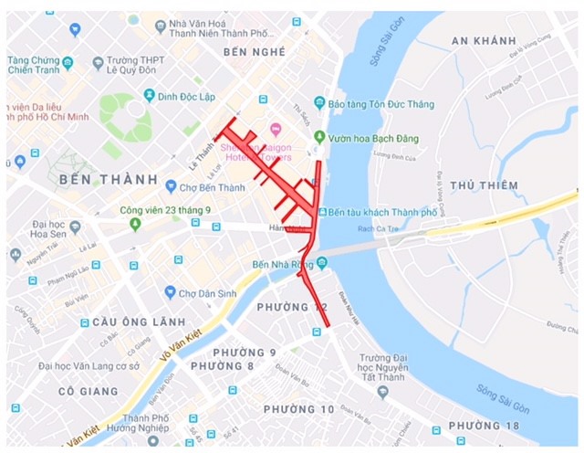 Một số khu vực bị phong tỏa tại đường Nguyễn Huệ, Tôn Đức Thắng, Nguyễn Tất Thành phục vụ bắn pháo hoa chào đón năm mới 2020. Ảnh: Sở GTVT TPHCM