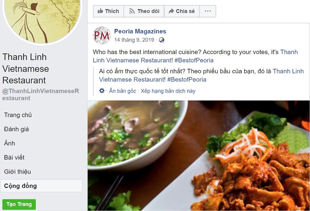Nhà hàng món Việt Thanh Linh được bình chọn là nhà hàng có món ăn quốc tế tốt nhất tại thành phố Peoria năm 2019 (ảnh chụp màn hình).