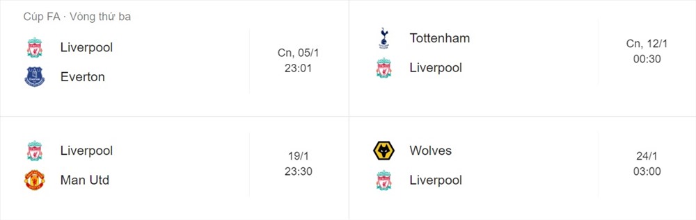 Lịch thi đấu của Liverpool.