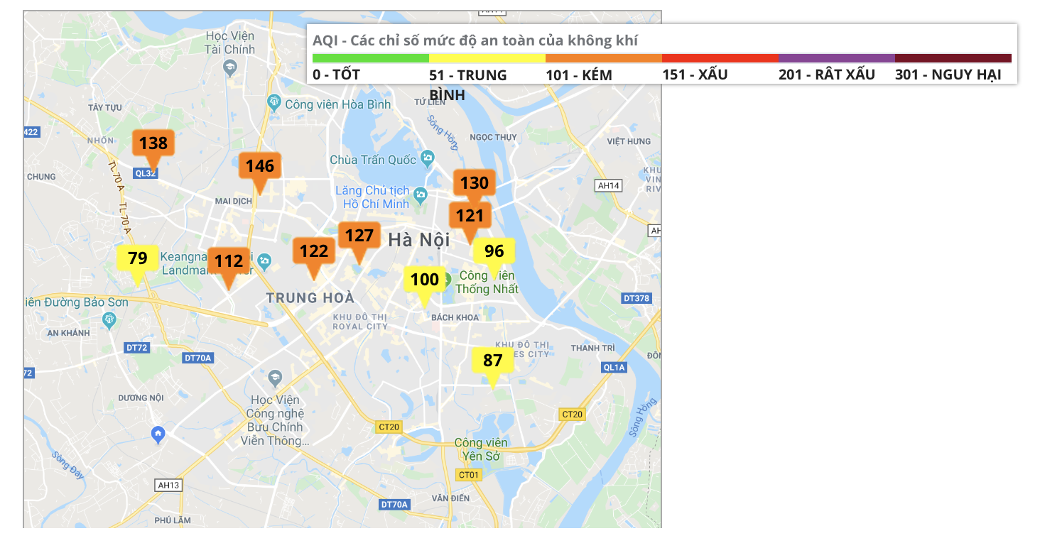 Nhiều điểm đo chất lượng không khí ở ngưỡng màu da cam - Những người bình thường bắt đầu có các ảnh hưởng tới sức khỏe, nhóm người nhạy cảm có thể gặp những vấn đề sức khỏe nghiêm trọng hơn.